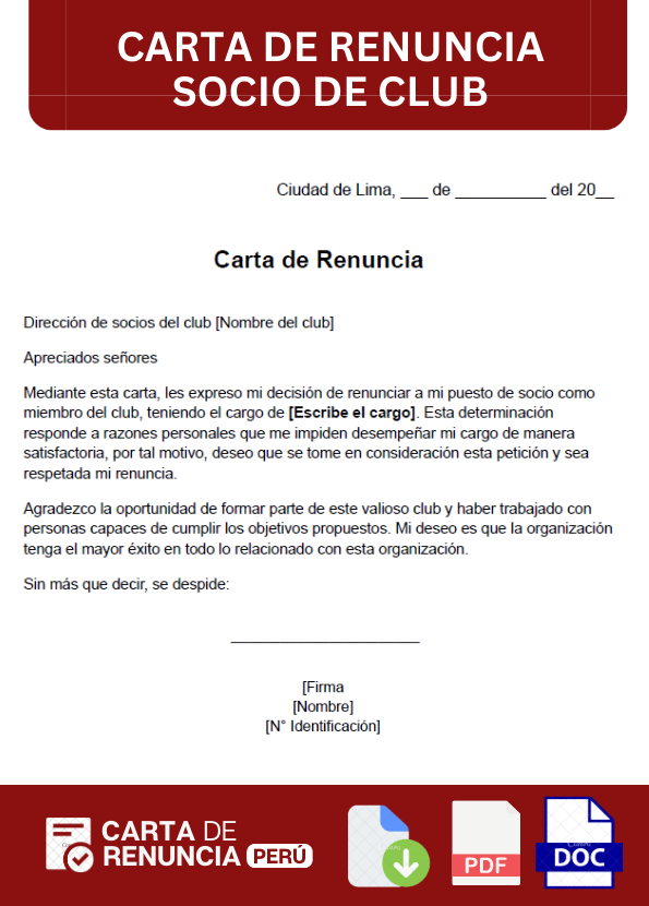 ejemplo de carta de Renuncia como socio de un club