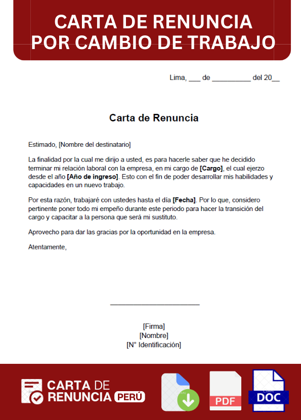 ejemplo de carta de Renuncia por cambio de trabajo