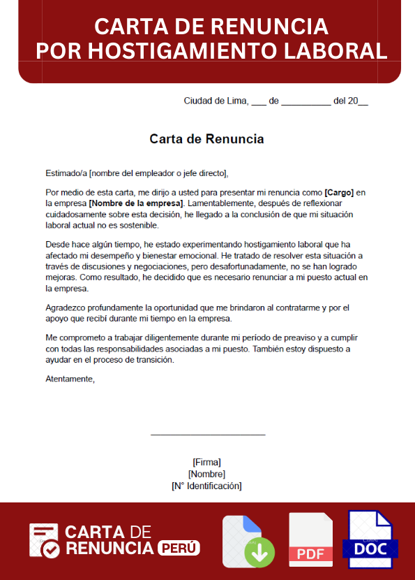 ejemplo de carta de Renuncia por hostigamiento laboral