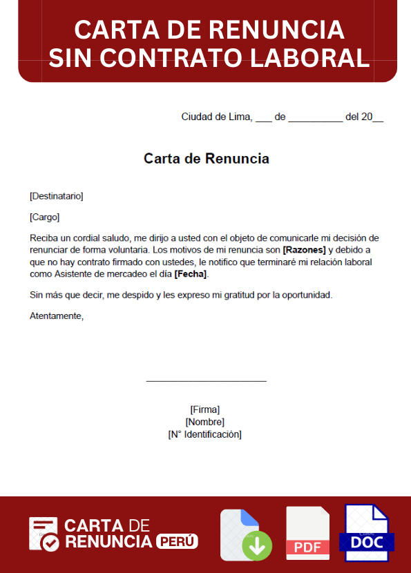 ejemplo de carta de Renuncia sin contrato laboral