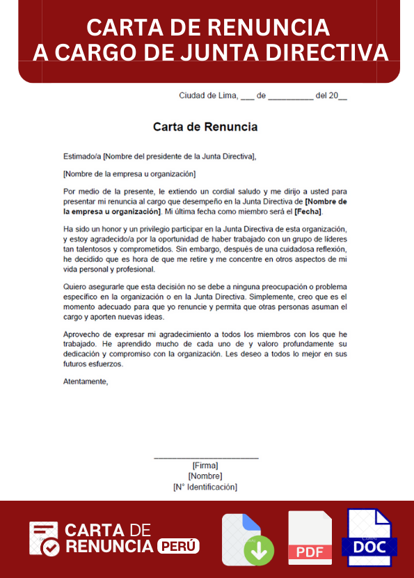 ejemplo de carta de renuncia a cargo de junta directiva