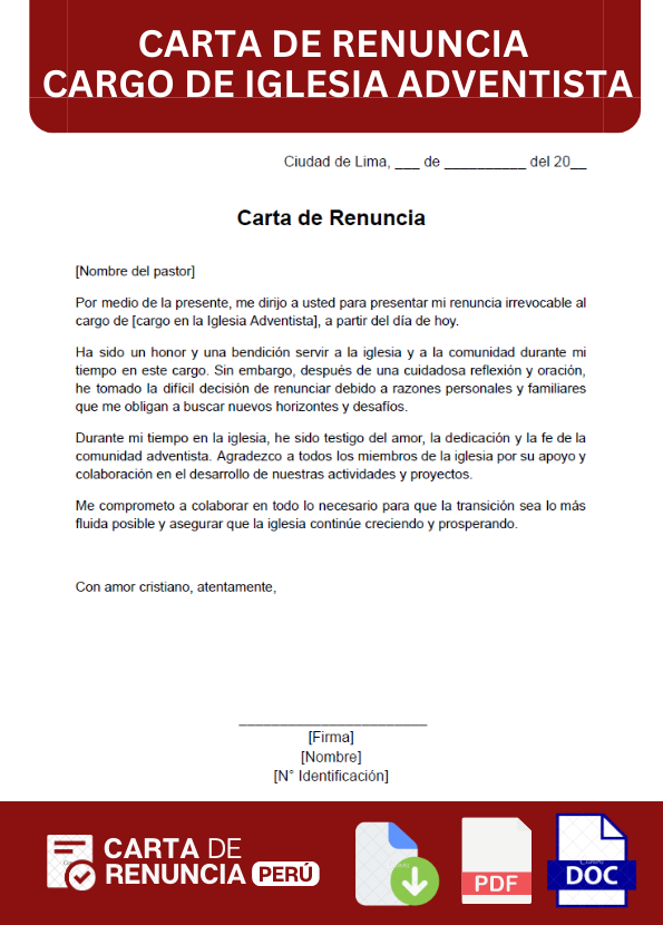 ejemplo de carta de renuncia a un cargo de la iglesia adventista