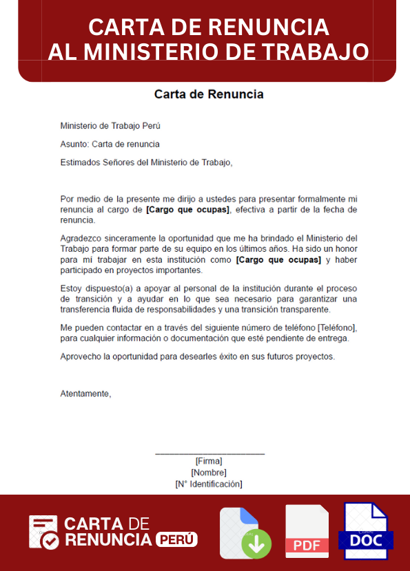 ejemplo de carta de renuncia al Ministerio de Trabajo Perú