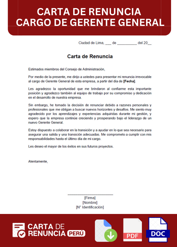 ejemplo de carta de renuncia al cargo de gerente general