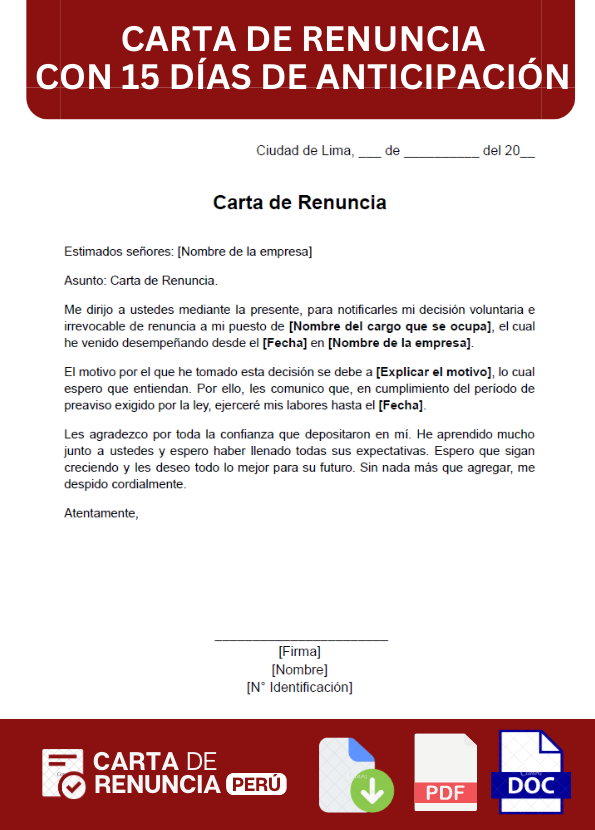 ejemplo de carta de renuncia con 15 días de anticipación