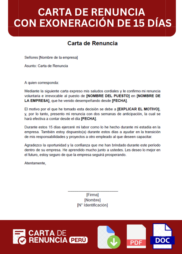 ejemplo de carta de renuncia con exoneración de 15 días