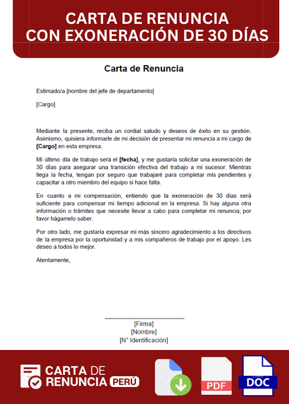 ejemplo de carta de renuncia con exoneración de 30 días