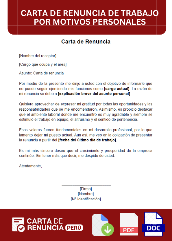ejemplo de carta de renuncia de trabajo por motivos personales