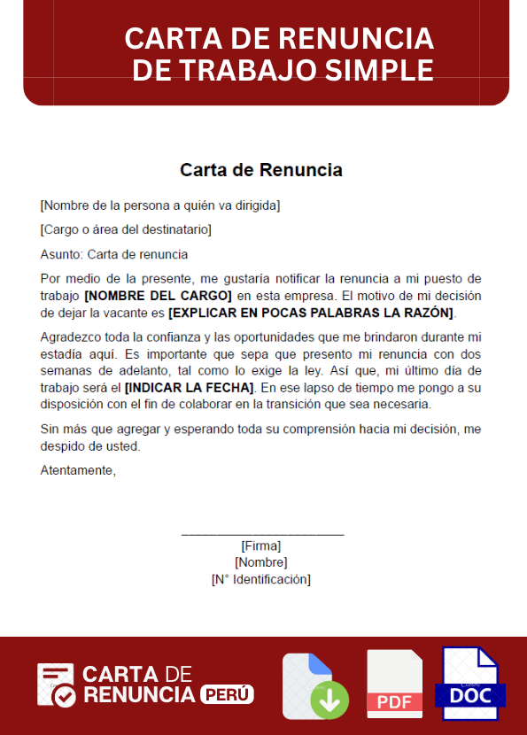 ejemplo de carta de renuncia de trabajo simple