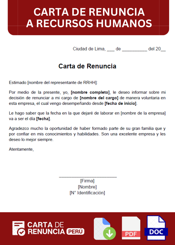 ejemplo de carta de renuncia dirigida a recursos humanos