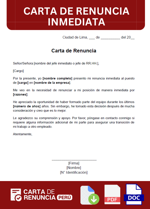 ejemplo de carta de renuncia inmediata Perú