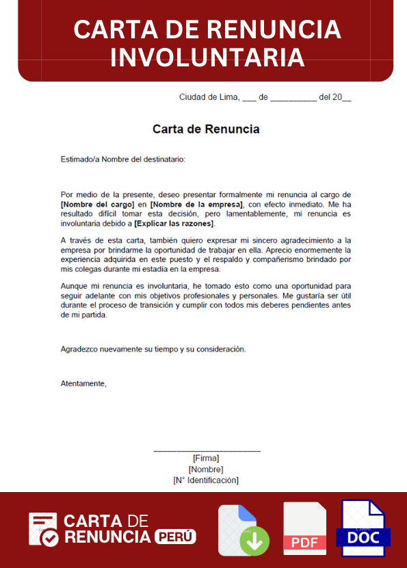 ejemplo de carta de renuncia involuntaria