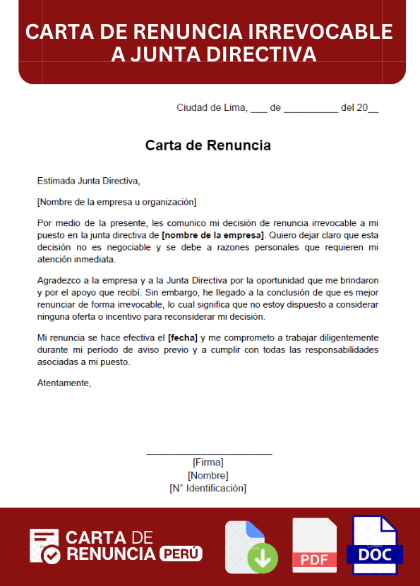 ejemplo de carta de renuncia irrevocable a junta directiva