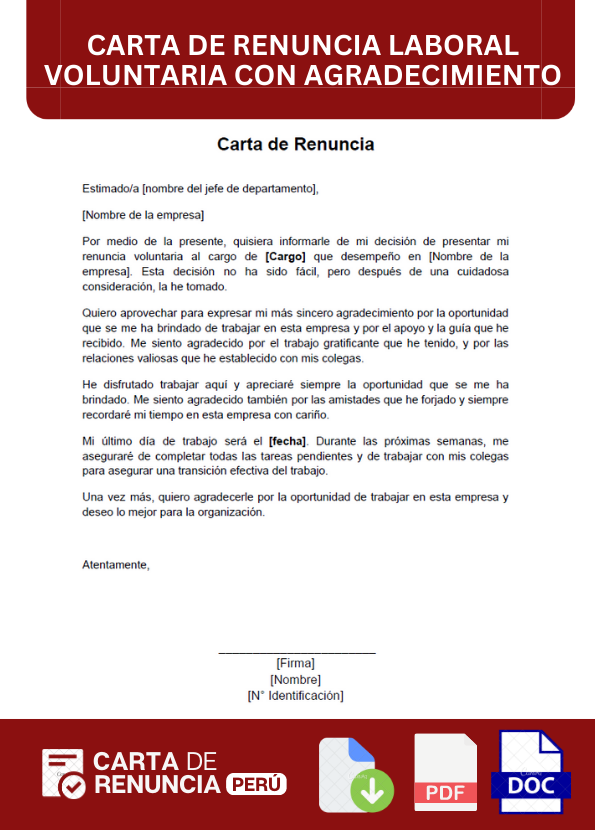 ejemplo de carta de renuncia laboral voluntaria y agradecimiento