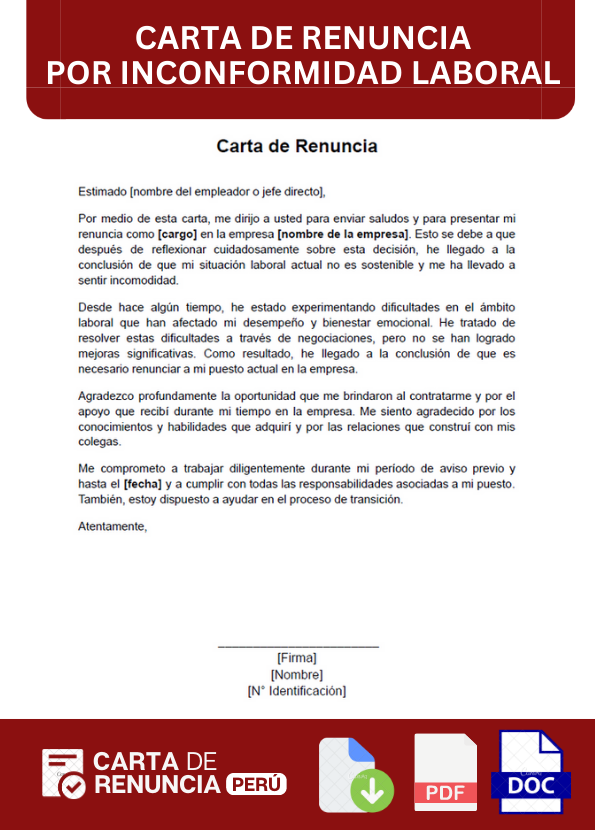 ejemplo de carta de renuncia por incomodidad laboral