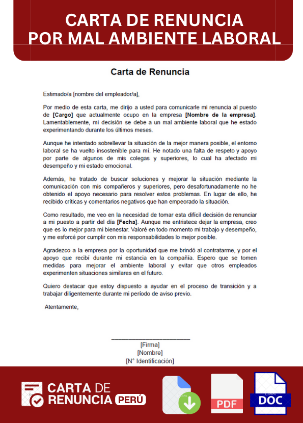 ejemplo de carta de renuncia por mal ambiente laboral