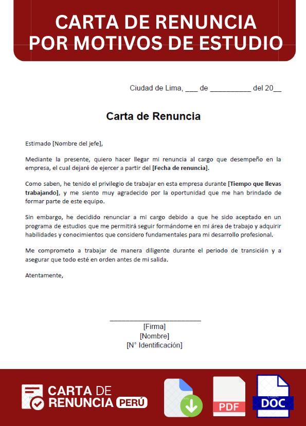 ejemplo de carta de renuncia por motivos de estudios