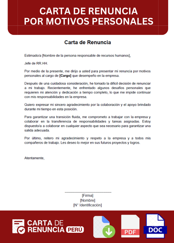ejemplo de carta de renuncia por motivos personales