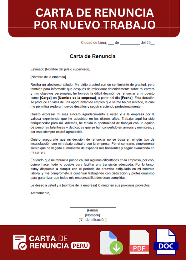 ejemplo de carta de renuncia por nuevo trabajo