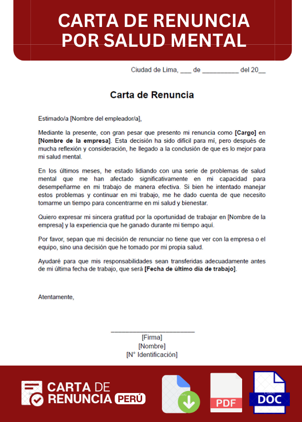 ejemplo de carta de renuncia por salud mental