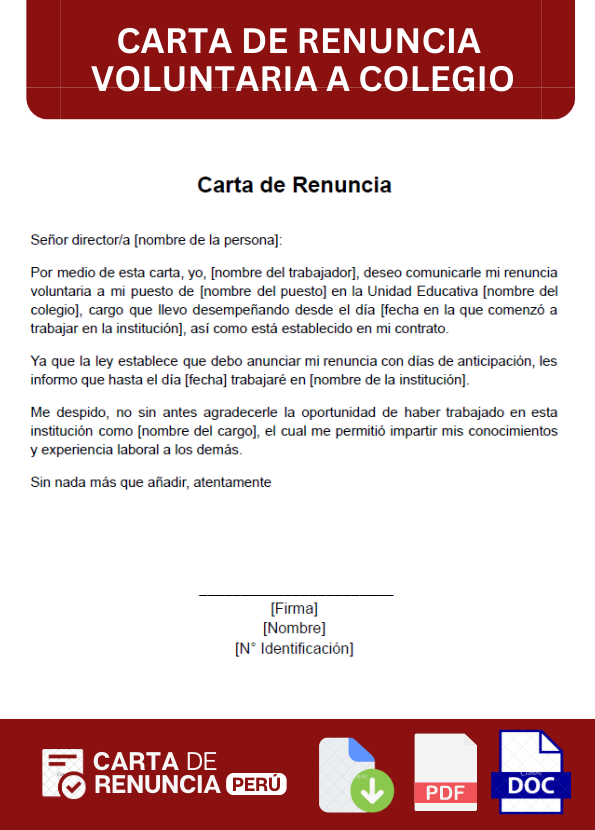 ejemplo de carta de renuncia voluntaria a un colegio
