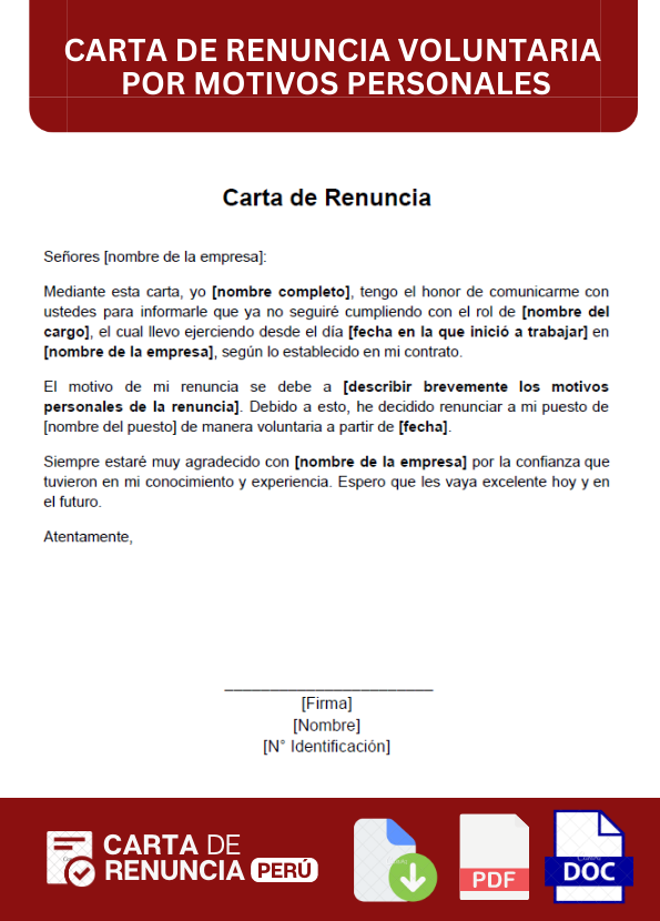 ejemplo de carta de renuncia voluntaria por motivos personales