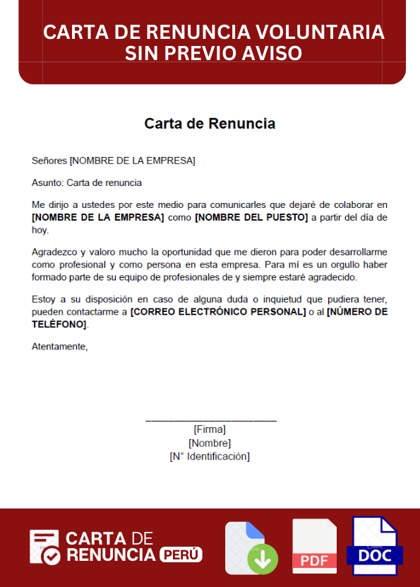 ejemplo de carta de renuncia voluntaria sin previo aviso