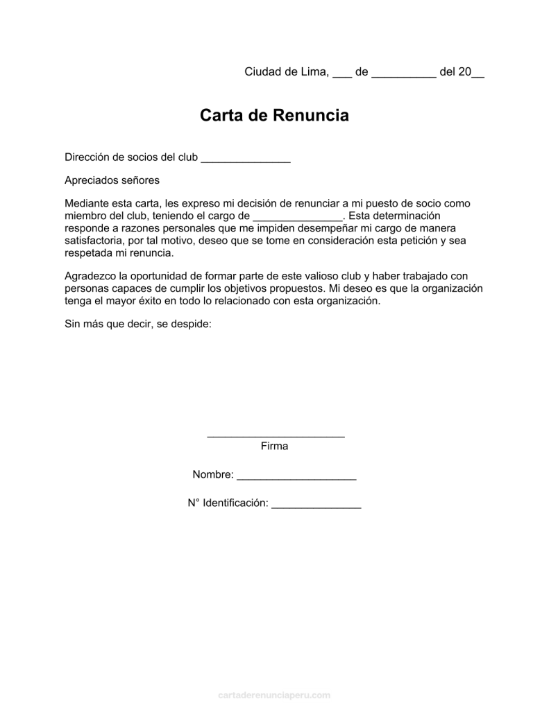 modelo de carta de Renuncia como socio de un club en pdf