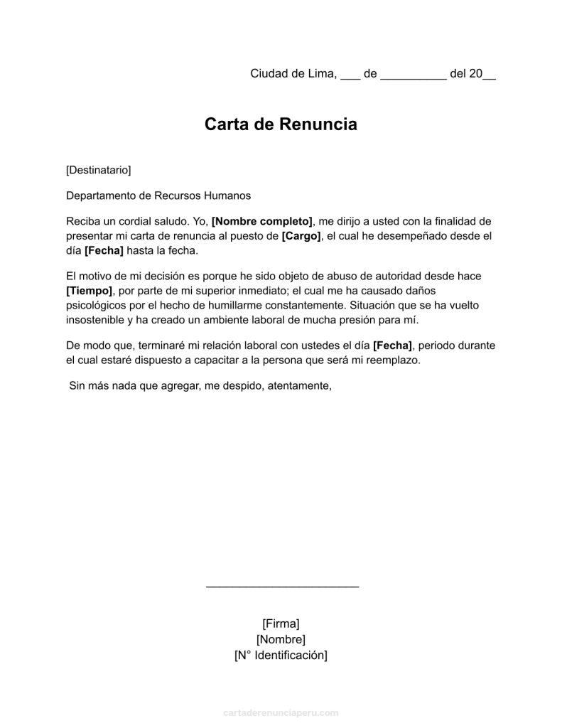 formato de carta de renuncia por abuso de autoridad en word