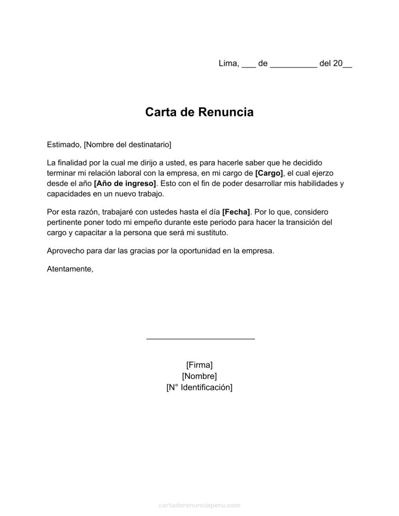 formato de carta de renuncia por cambio de trabajo en word