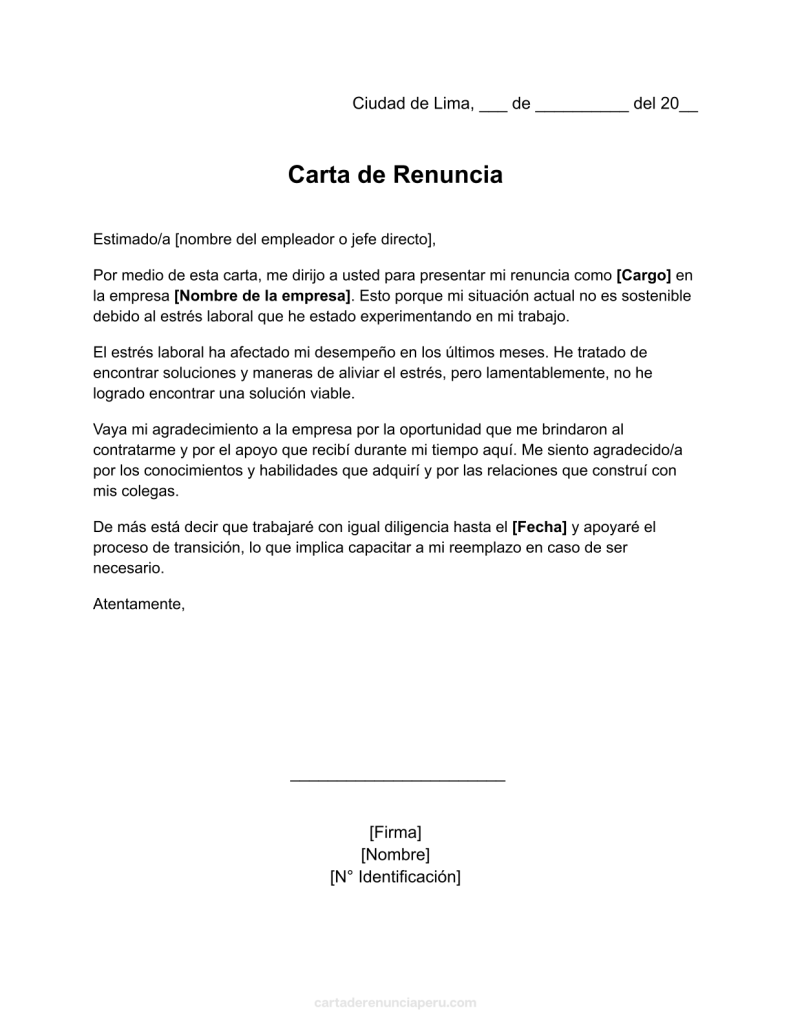 formato de carta de renuncia por estrés laboral en word