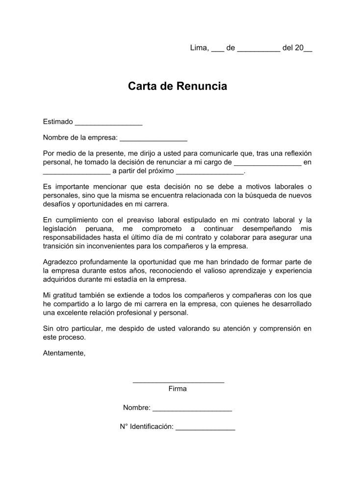 modelo de carta de preaviso de renuncia laboral en pdf