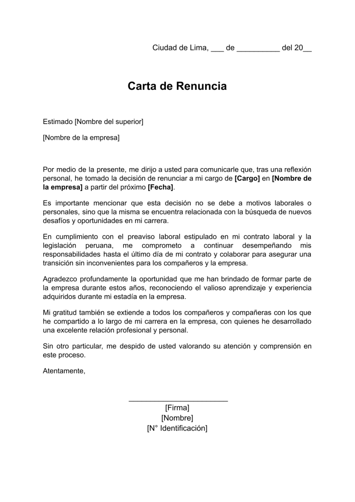 formato de carta de preaviso de renuncia laboral en word
