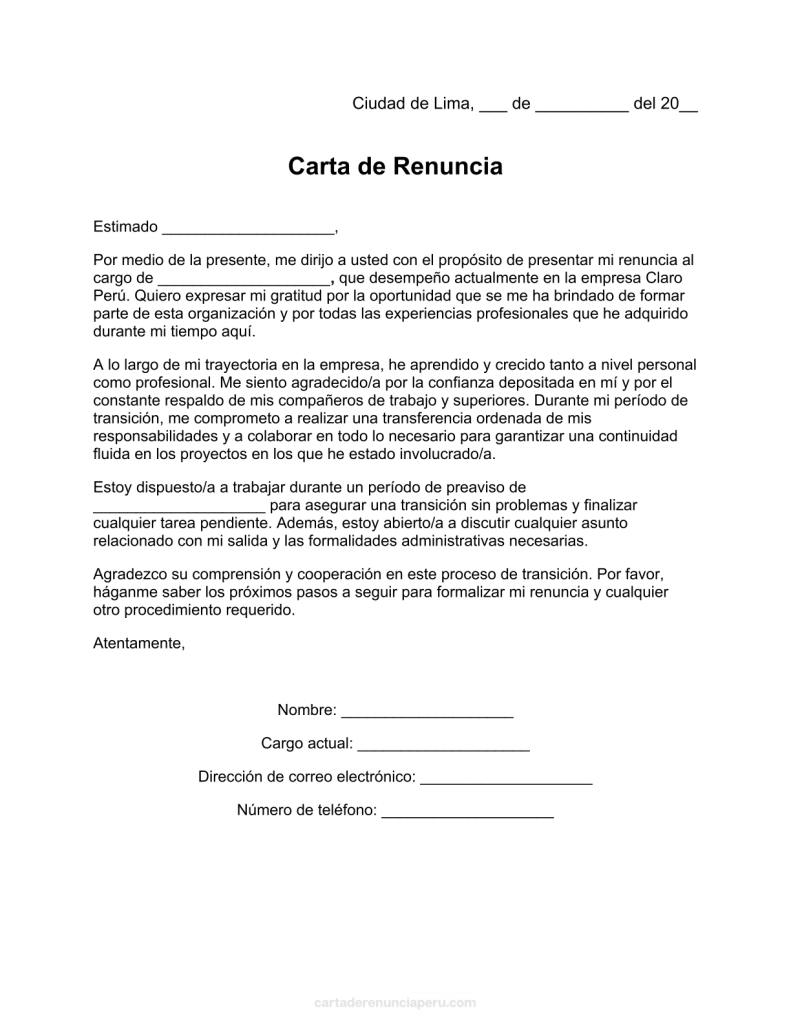 modelo de carta de renuncia a Claro en pdf