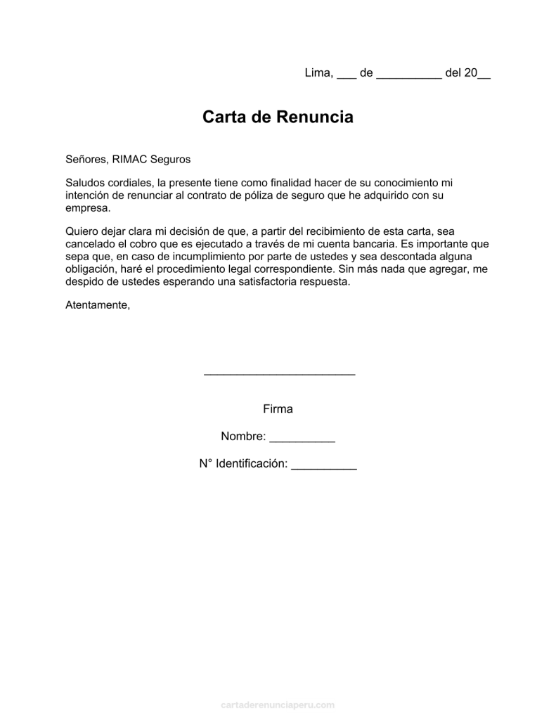 modelo de carta de renuncia a Seguros RIMAC Perú en pdf