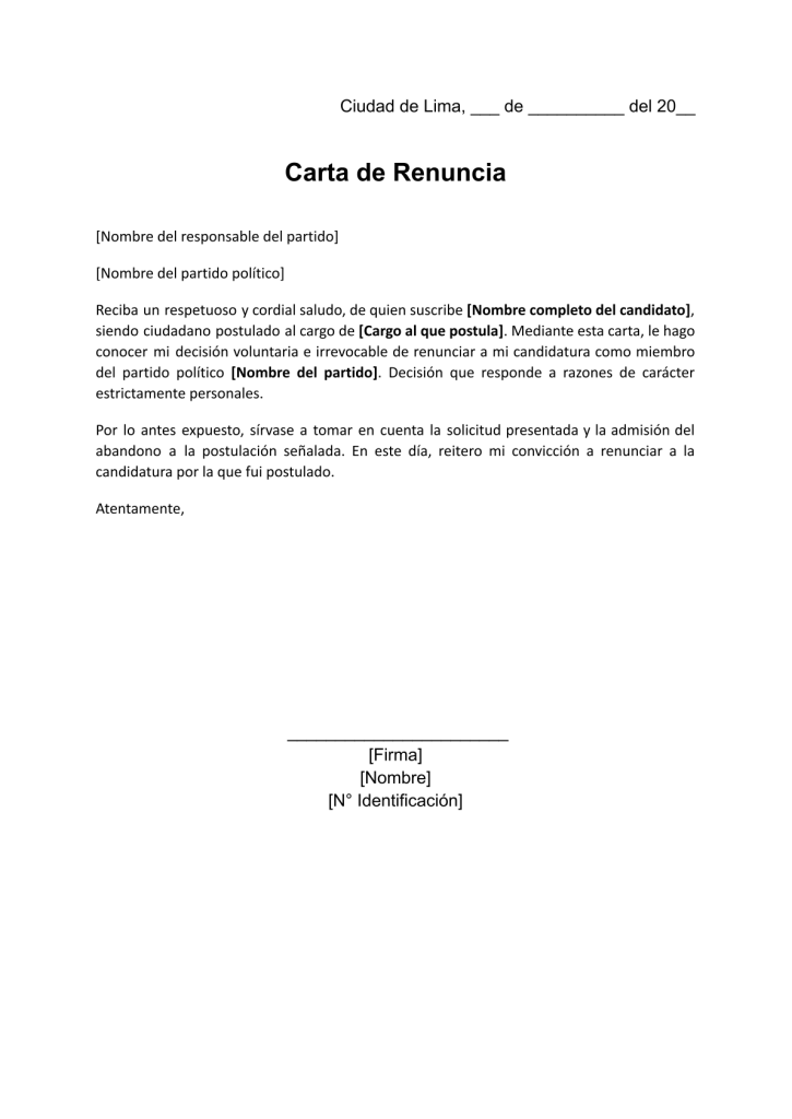 formato de carta de renuncia a candidatura en word