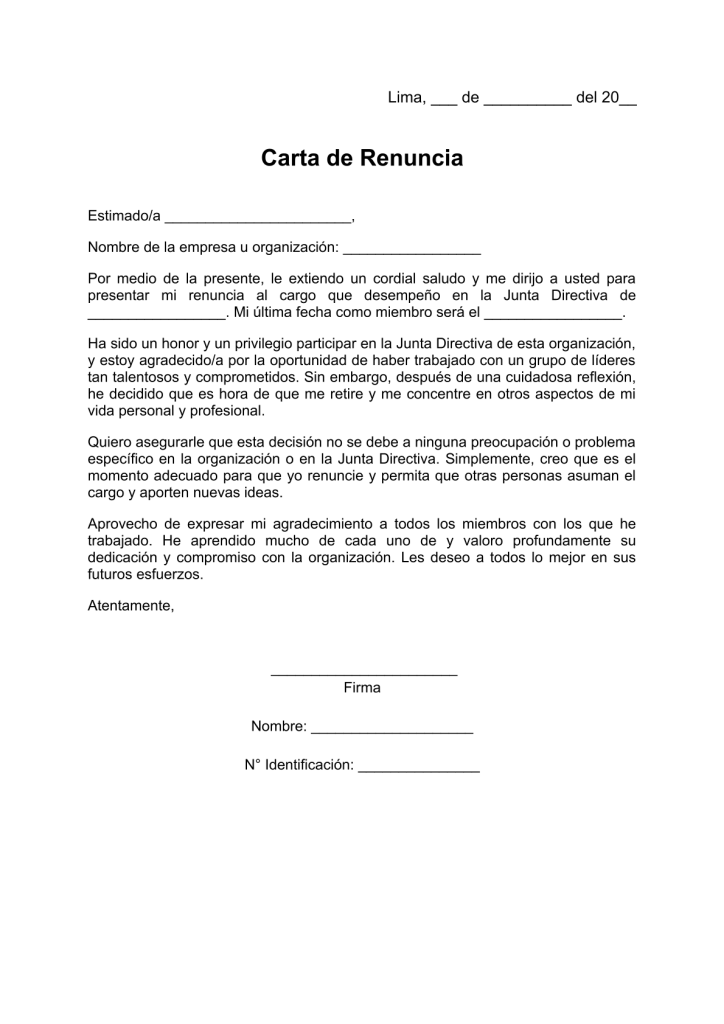 modelo de carta de renuncia a cargo de junta directiva en pdf