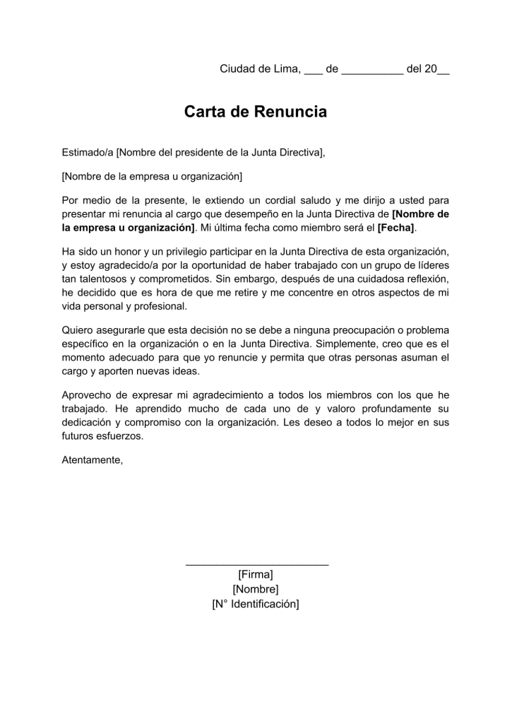 formato de carta de renuncia a cargo de junta directiva en word