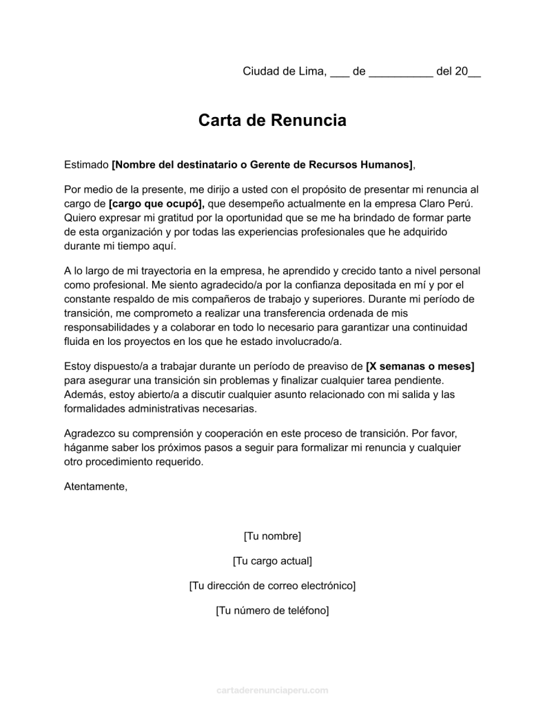 formato de carta de renuncia a claro en word