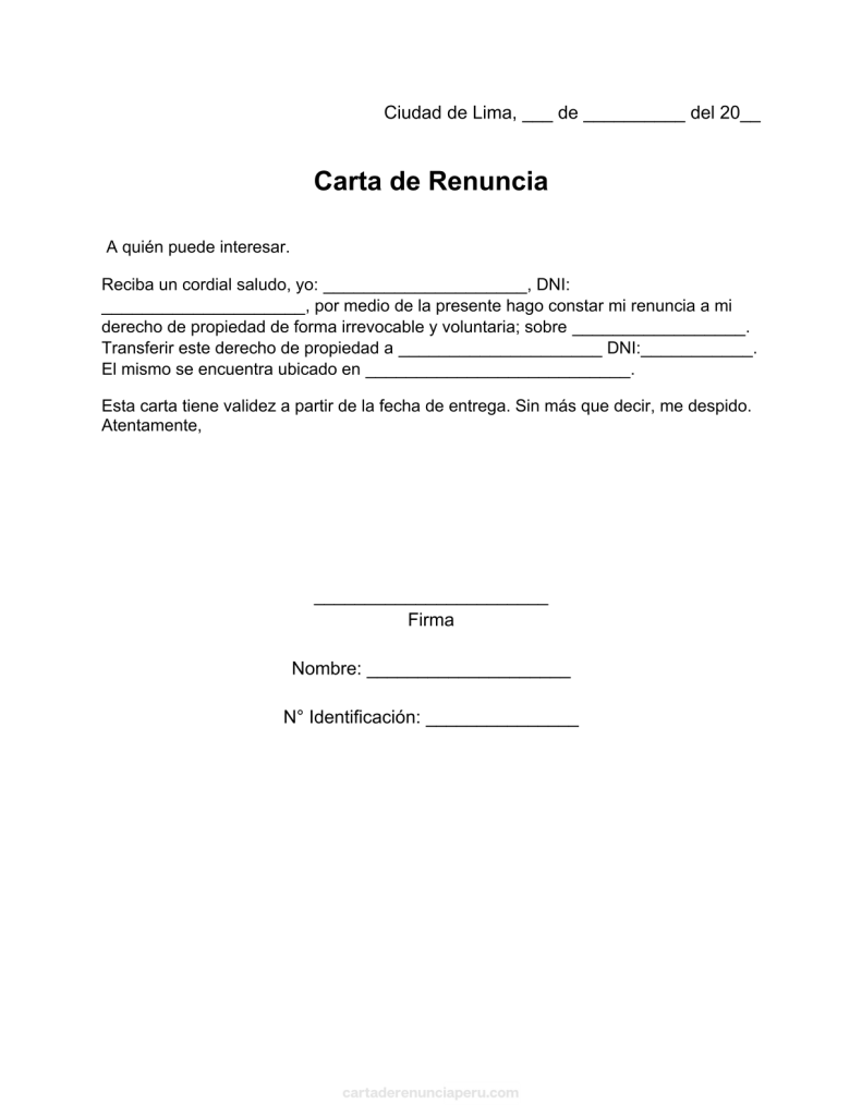 modelo de carta de renuncia a derecho de propiedad en pdf