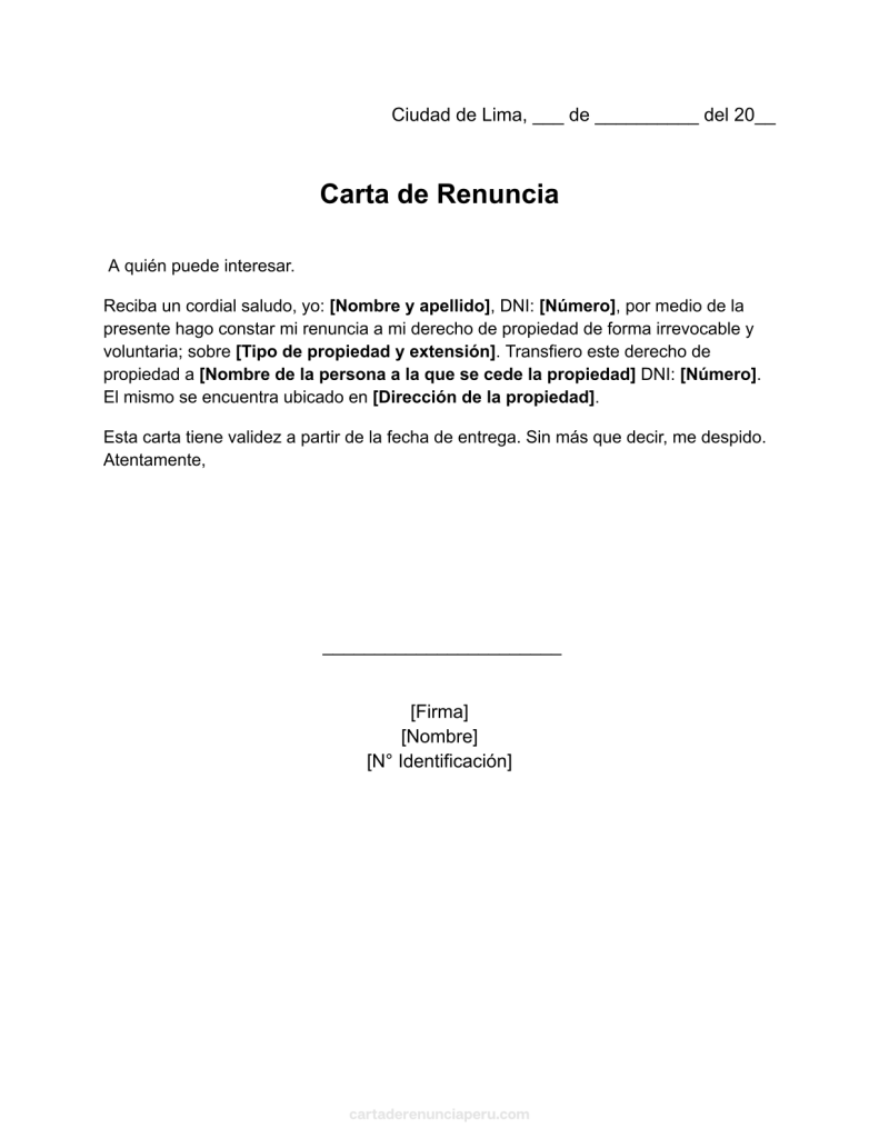 formato de carta de renuncia a derecho de propiedad en word