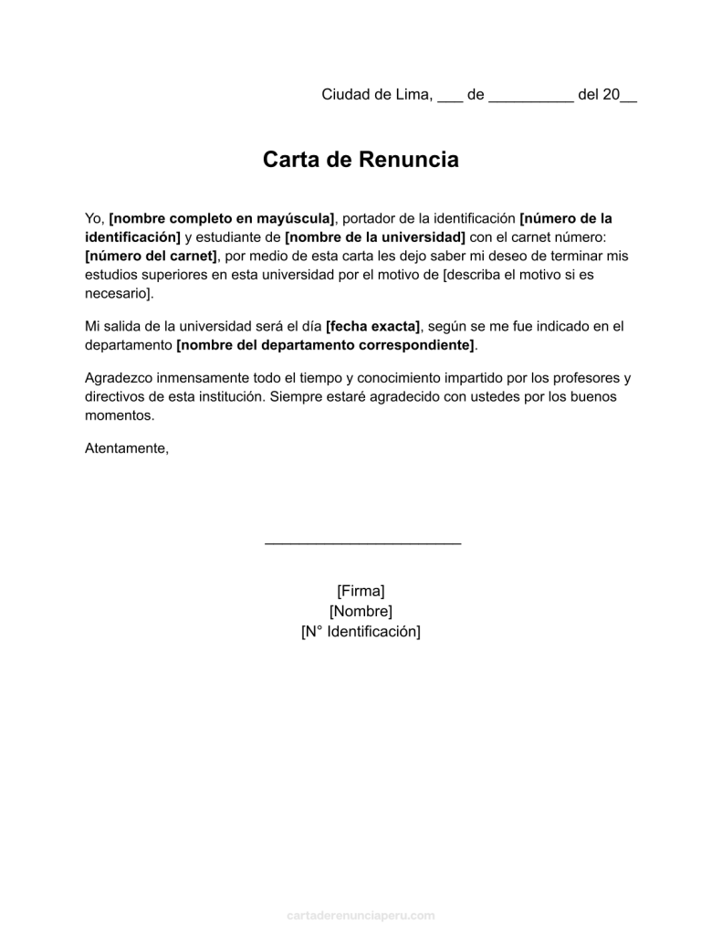 formato de carta de renuncia a estudios superiores en word