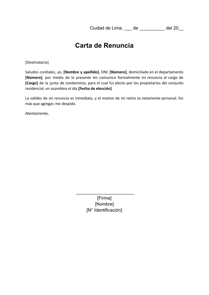 formato de carta de renuncia a junta de condominio en word