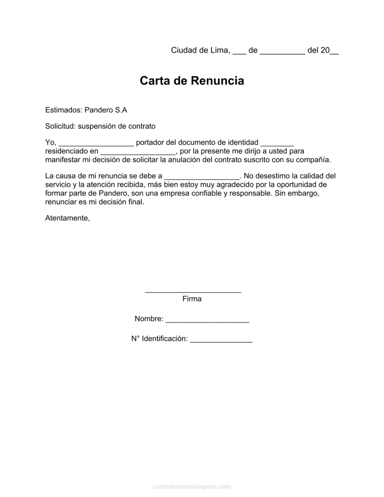 modelo de carta de renuncia a pandero en pdf