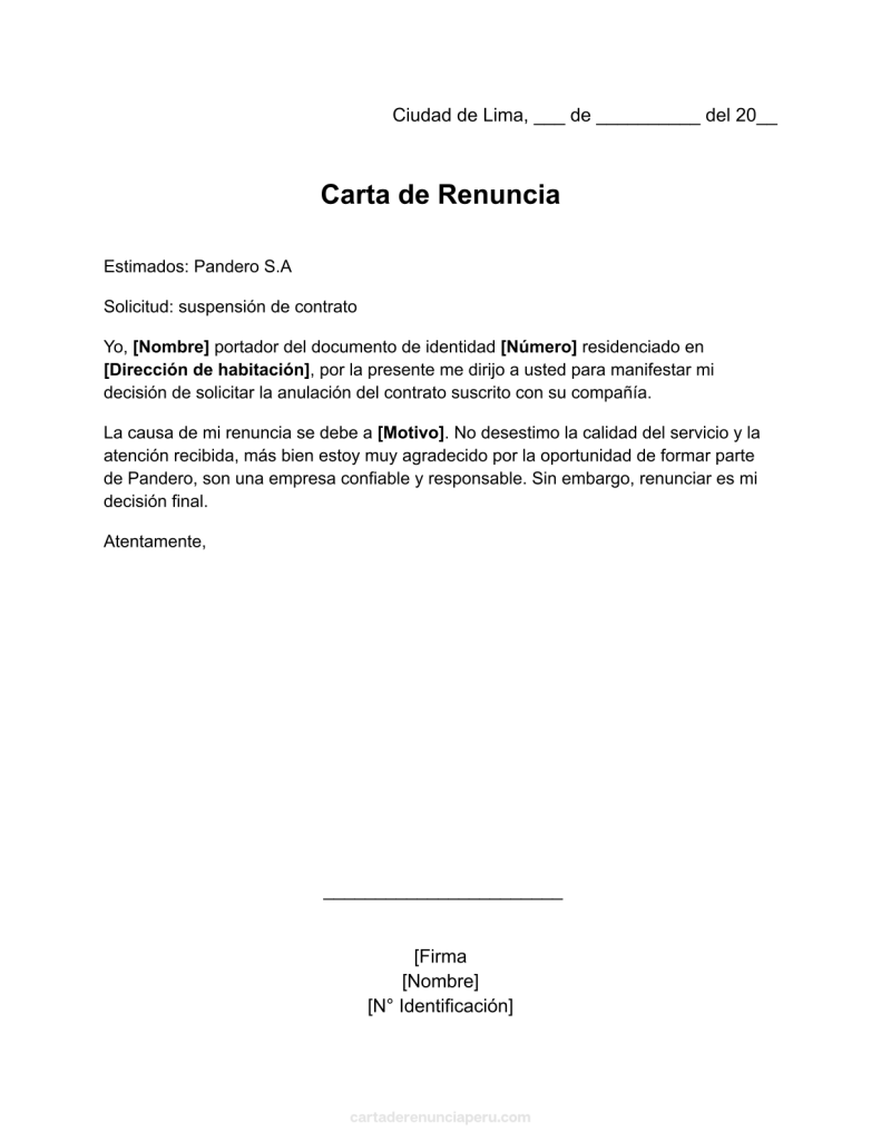 formato de carta de renuncia a pandero en word