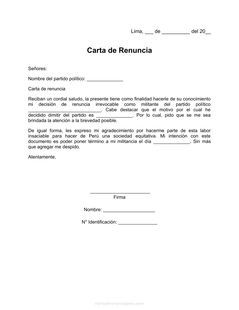 modelo de carta de renuncia a partido político Perú en pdf