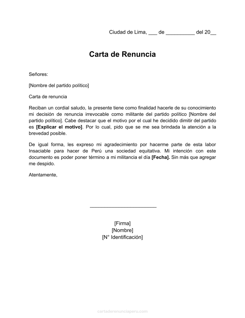 formato de carta de renuncia a partido político perú en word