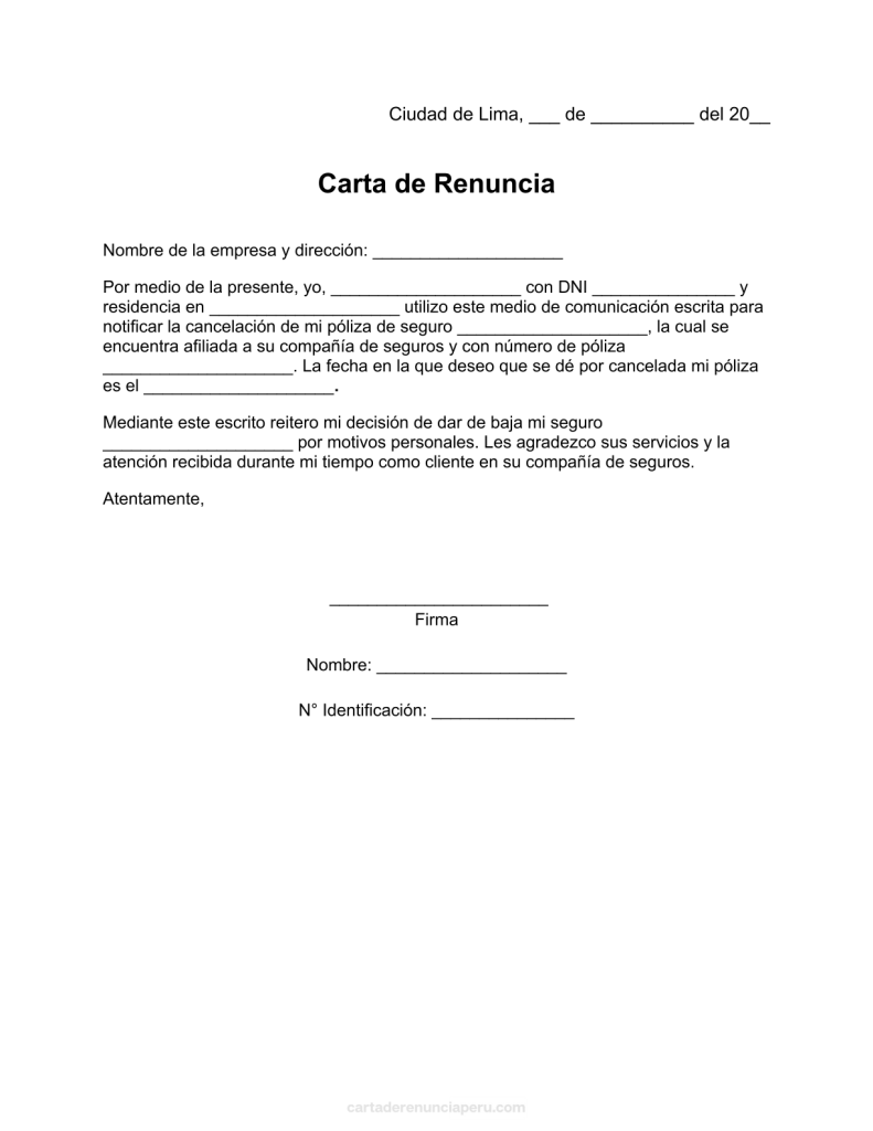 modelo de carta de renuncia a póliza de seguro en pdf