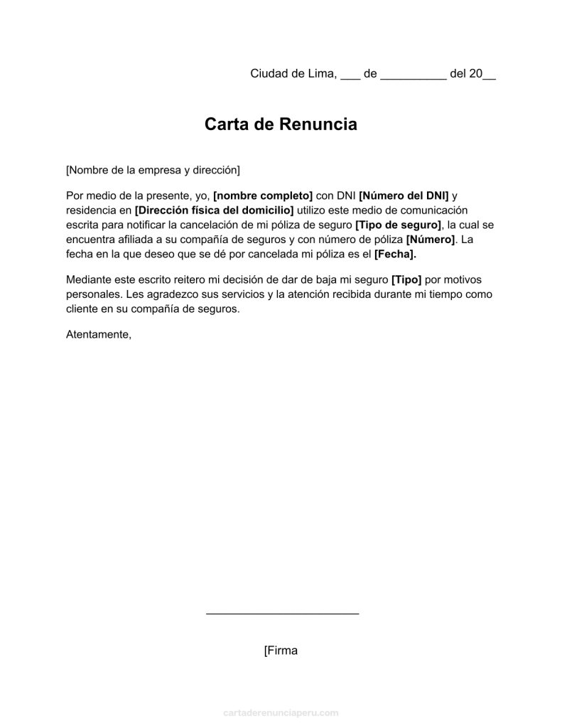 formato de carta de renuncia a póliza de seguro en word