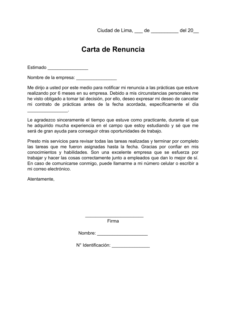 modelo de carta de renuncia a practicante en pdf